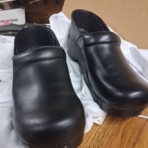 Dansk Black Leather Clogs Mules